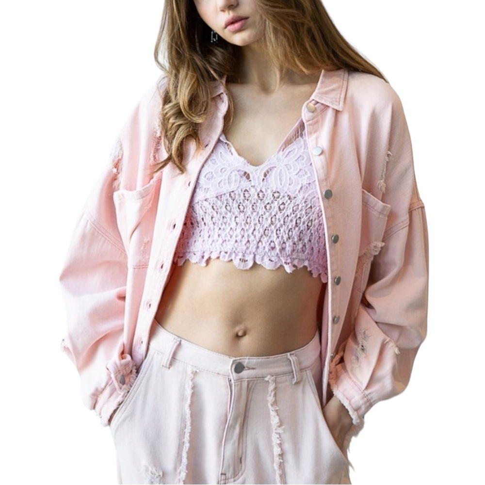 134. Women's Powder Pink Front Pocket Distressed Button Down Twill Shacket NWT